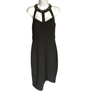 Women's Beaded Halter Asymmetrical Hem Evening Dress Black Size 6 Women